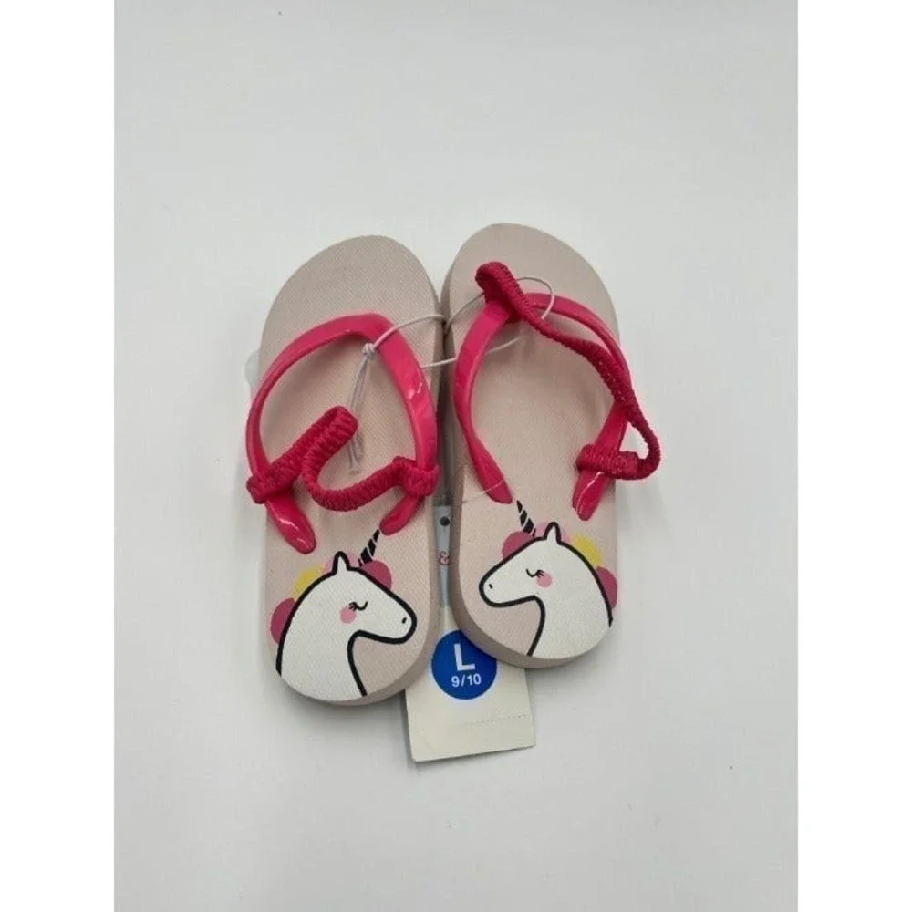 Cat Jack Toddler Girls Flip Flops Sandals Unicorn Print Pink Straps Size L 9‎ 10